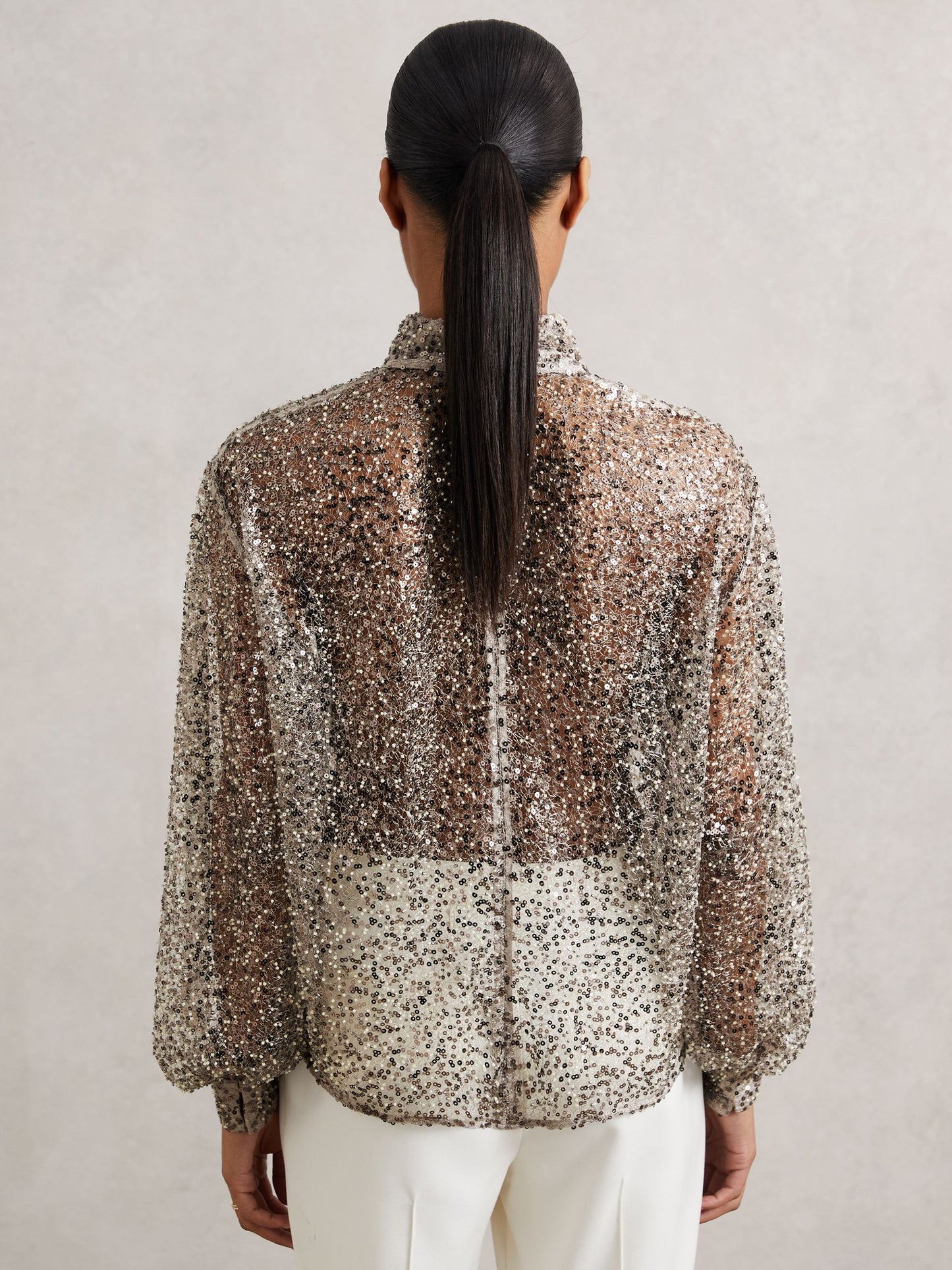Reiss High-Neck Embellished Top in Silver
