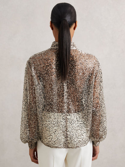 Reiss High-Neck Embellished Top in Silver