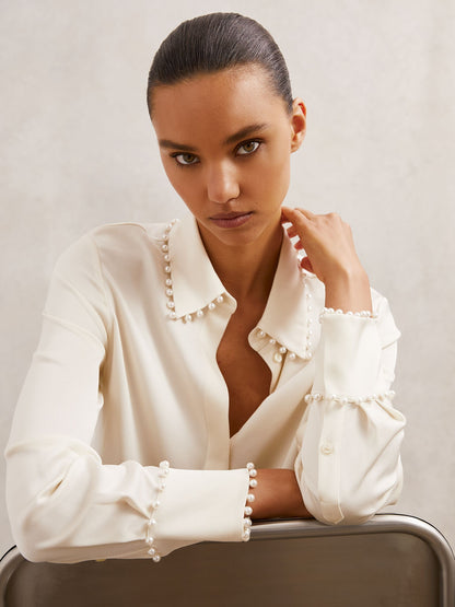 Satin Faux-Pearl Trim Shirt in Ivory