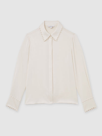 Satin Faux-Pearl Trim Shirt in Ivory