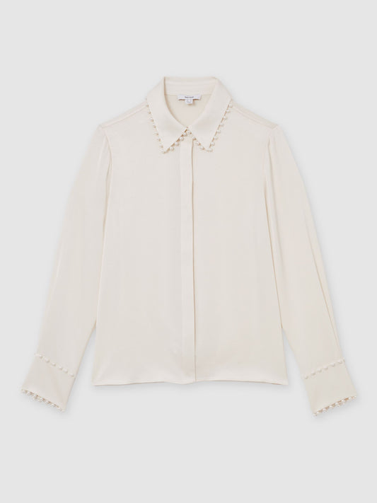 Satin Faux-Pearl Trim Shirt in Ivory
