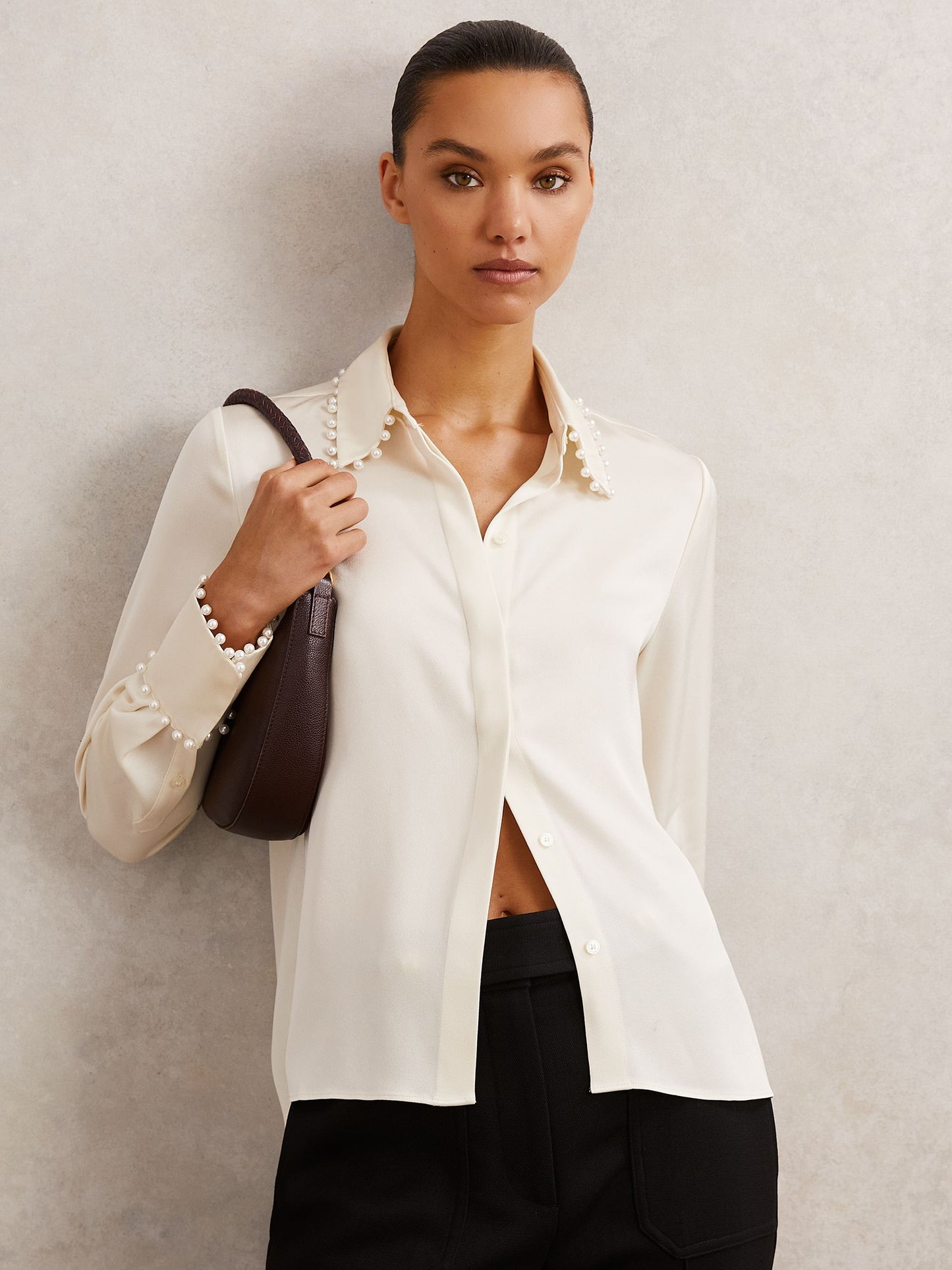 Satin Faux-Pearl Trim Shirt in Ivory