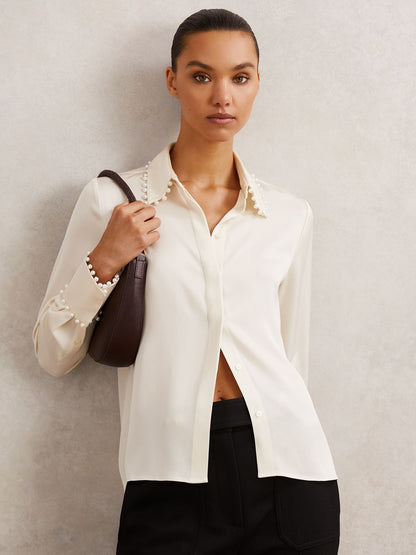Satin Faux-Pearl Trim Shirt in Ivory