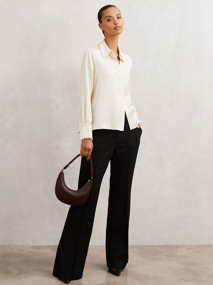Satin Faux-Pearl Trim Shirt in Ivory