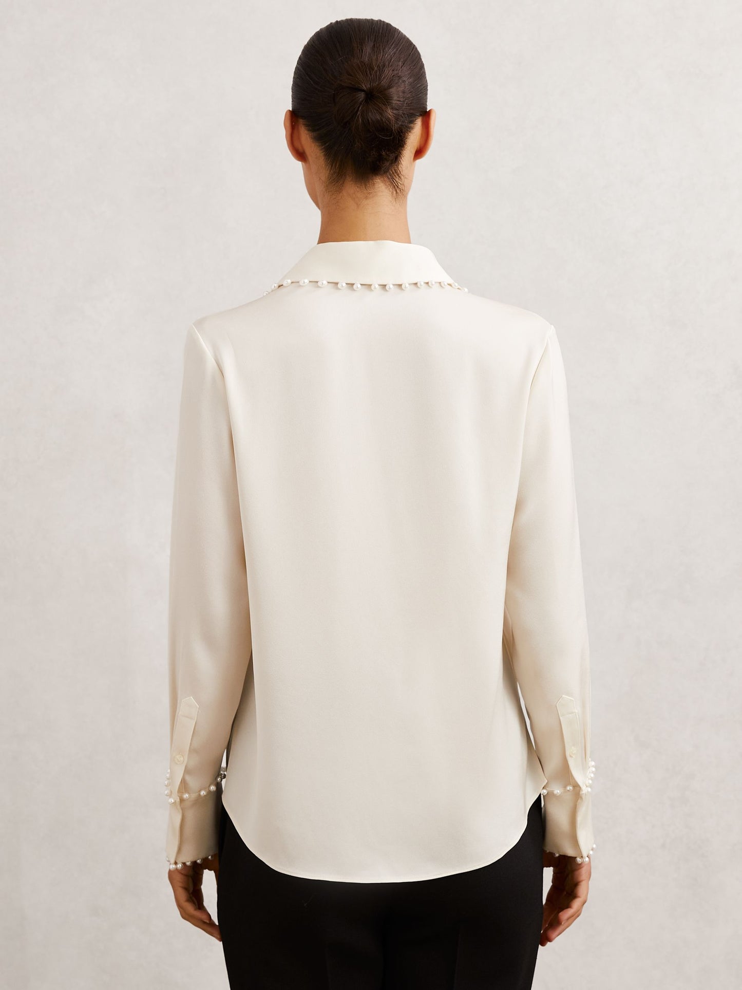 Satin Faux-Pearl Trim Shirt in Ivory