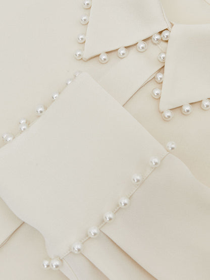 Satin Faux-Pearl Trim Shirt in Ivory