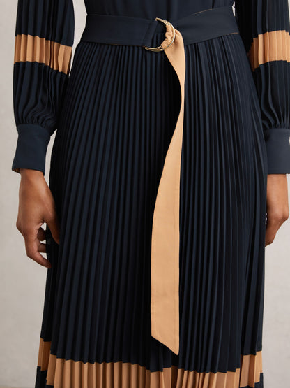Colour-Block Pleated Midi Dress in Navy/Camel
