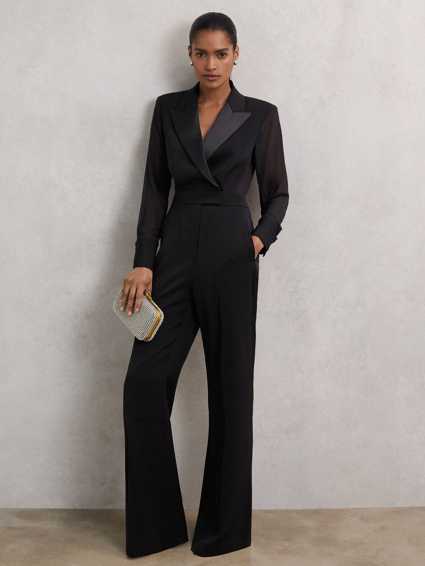 Reiss Sheer-Sleeve Tuxedo Jumpsuit in Black