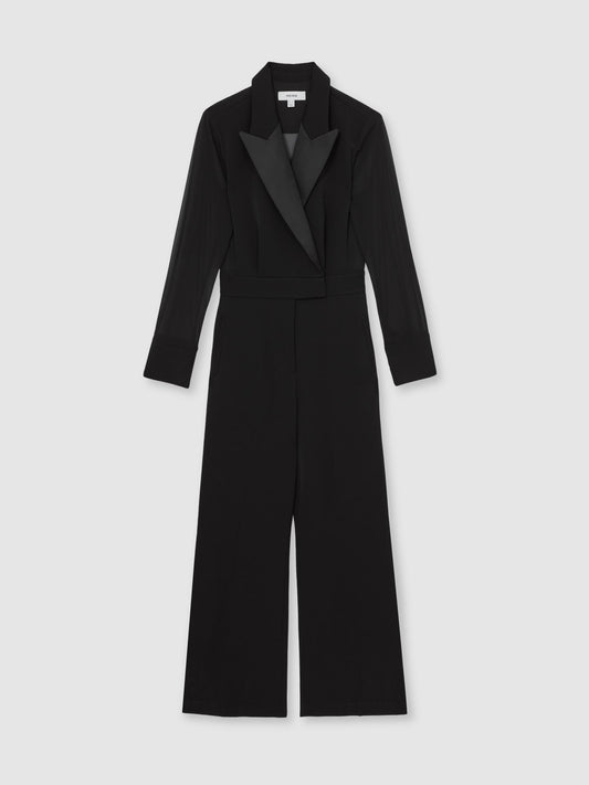 Reiss Sheer-Sleeve Tuxedo Jumpsuit in Black