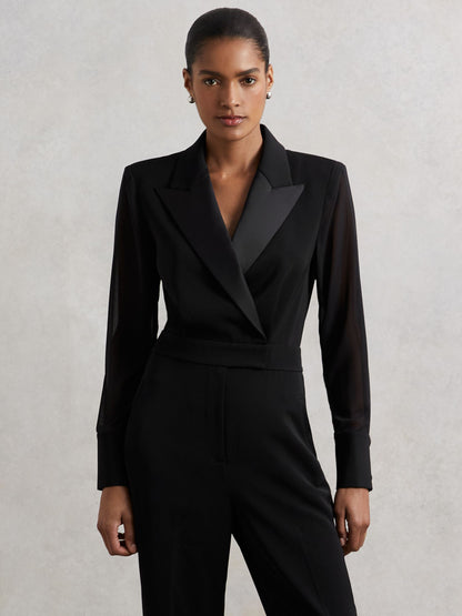 Reiss Sheer-Sleeve Tuxedo Jumpsuit in Black