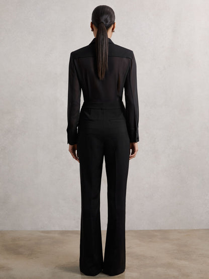 Sheer-Sleeve Tuxedo Jumpsuit in Black