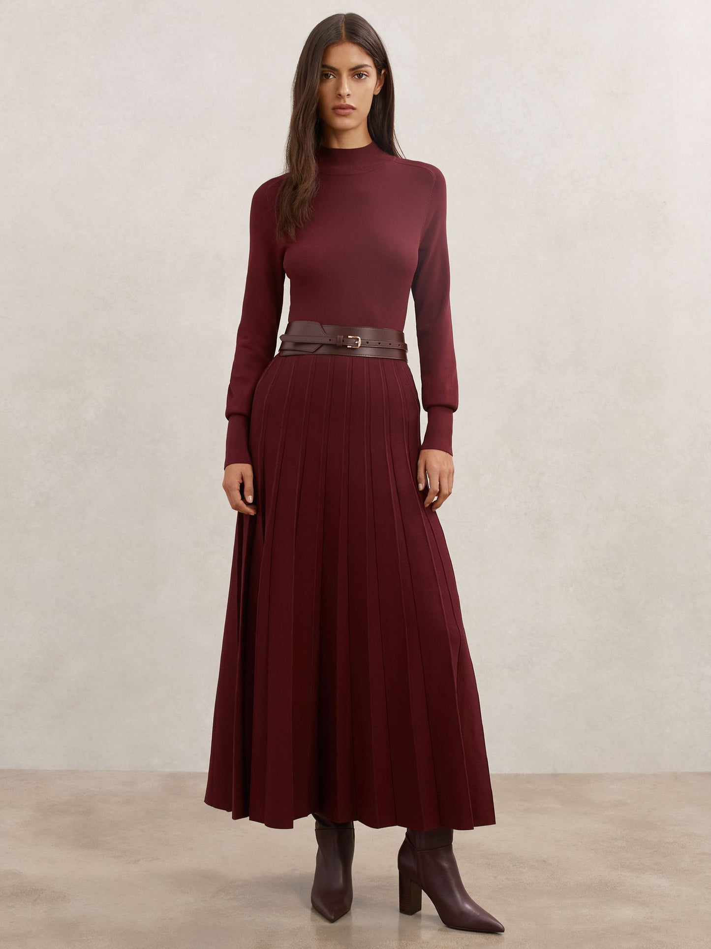 Belted Knit Pleated Midi Dress in Raspberry Red