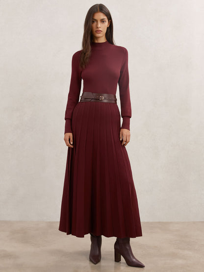 Belted Knit Pleated Midi Dress in Raspberry Red