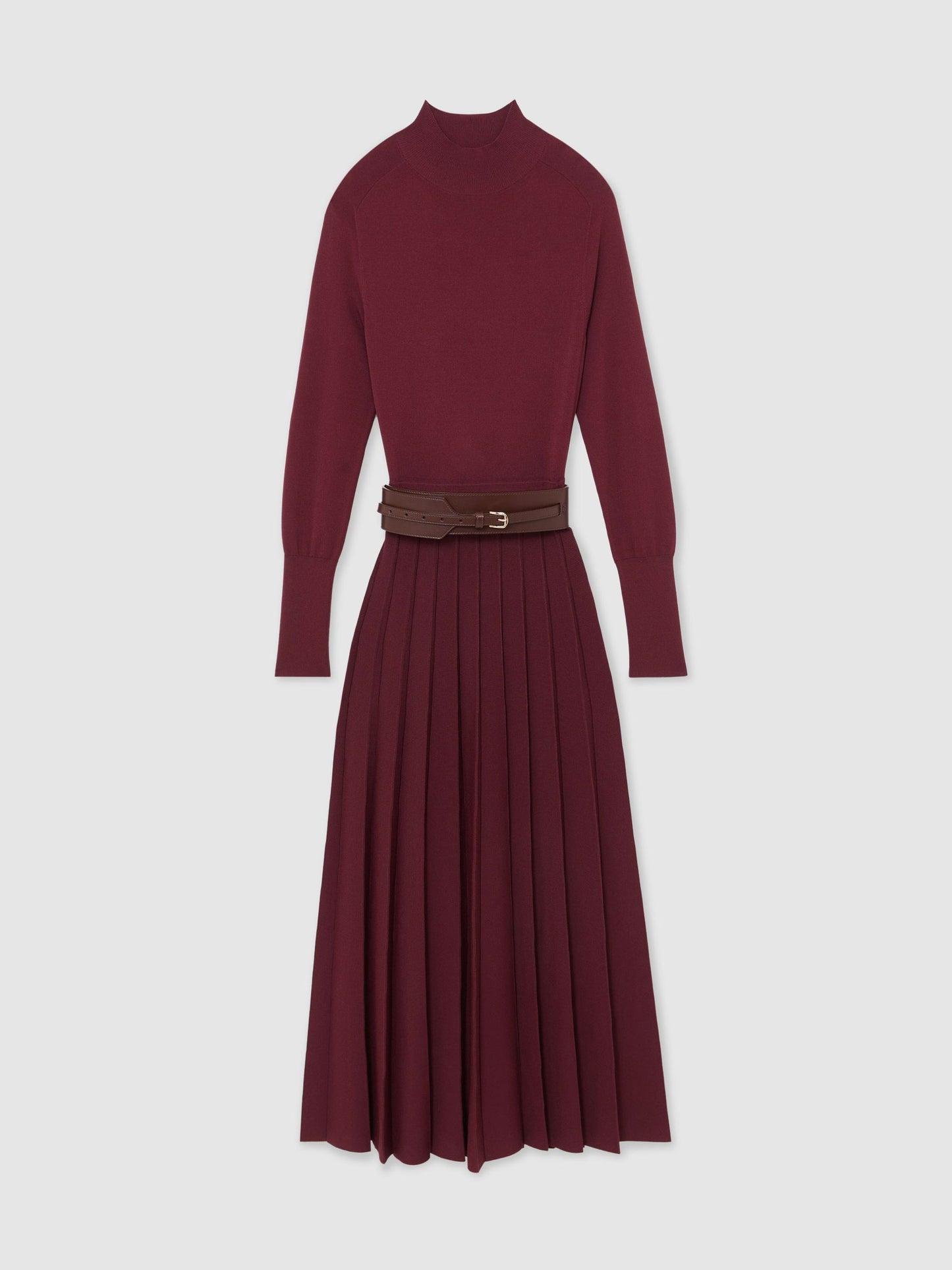 Belted Knit Pleated Midi Dress in Raspberry Red