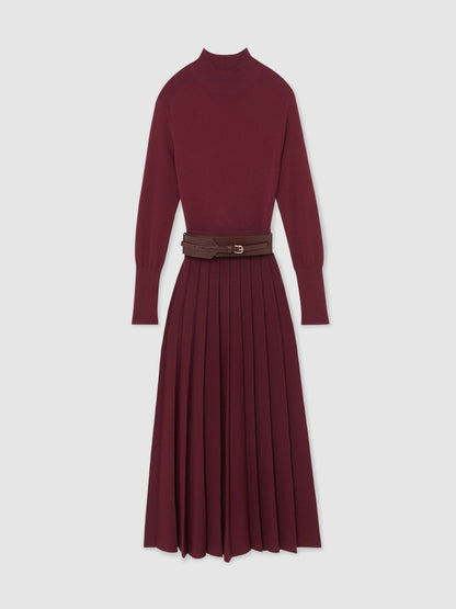 Belted Knit Pleated Midi Dress in Raspberry Red