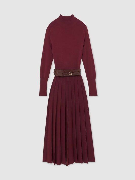 Belted Knit Pleated Midi Dress in Raspberry Red