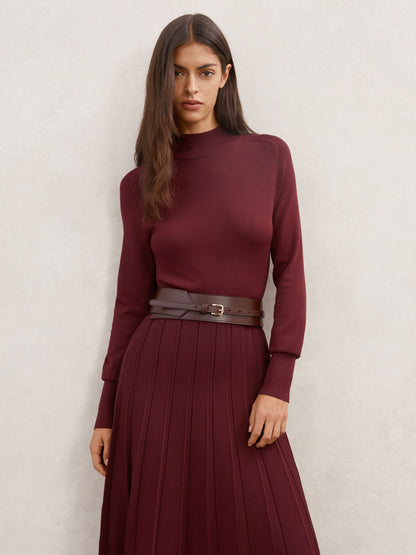 Belted Knit Pleated Midi Dress in Raspberry Red