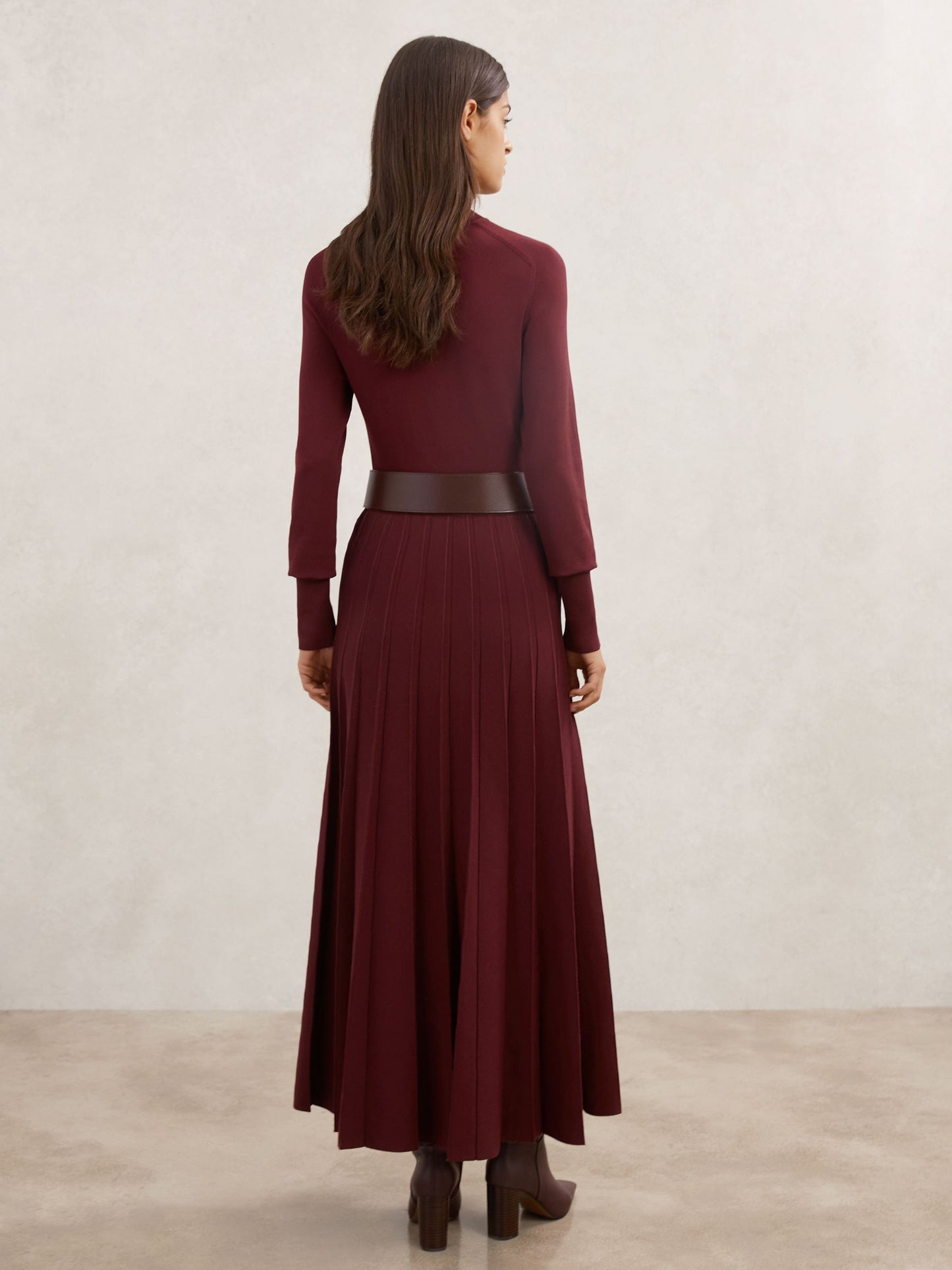 Belted Knit Pleated Midi Dress in Raspberry Red
