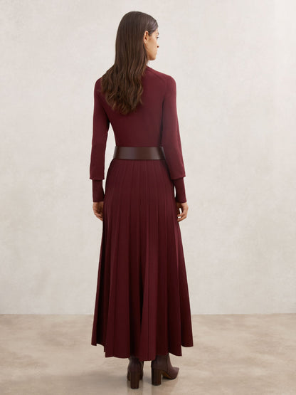 Belted Knit Pleated Midi Dress in Raspberry Red