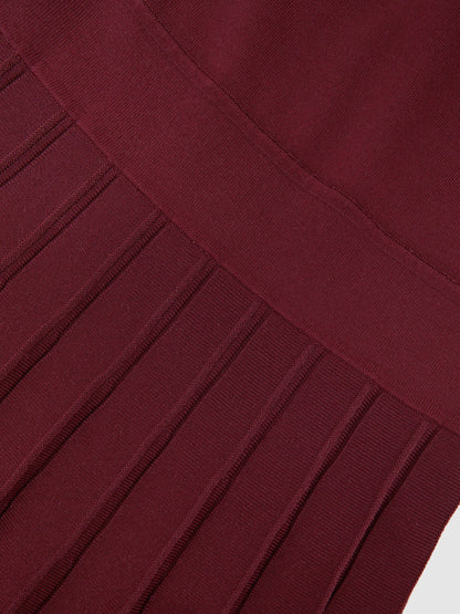 Belted Knit Pleated Midi Dress in Raspberry Red