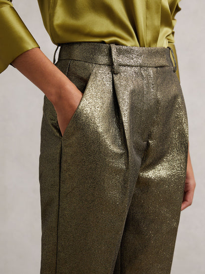 Tapered Metallic Suit Trousers with Cotton in Gold