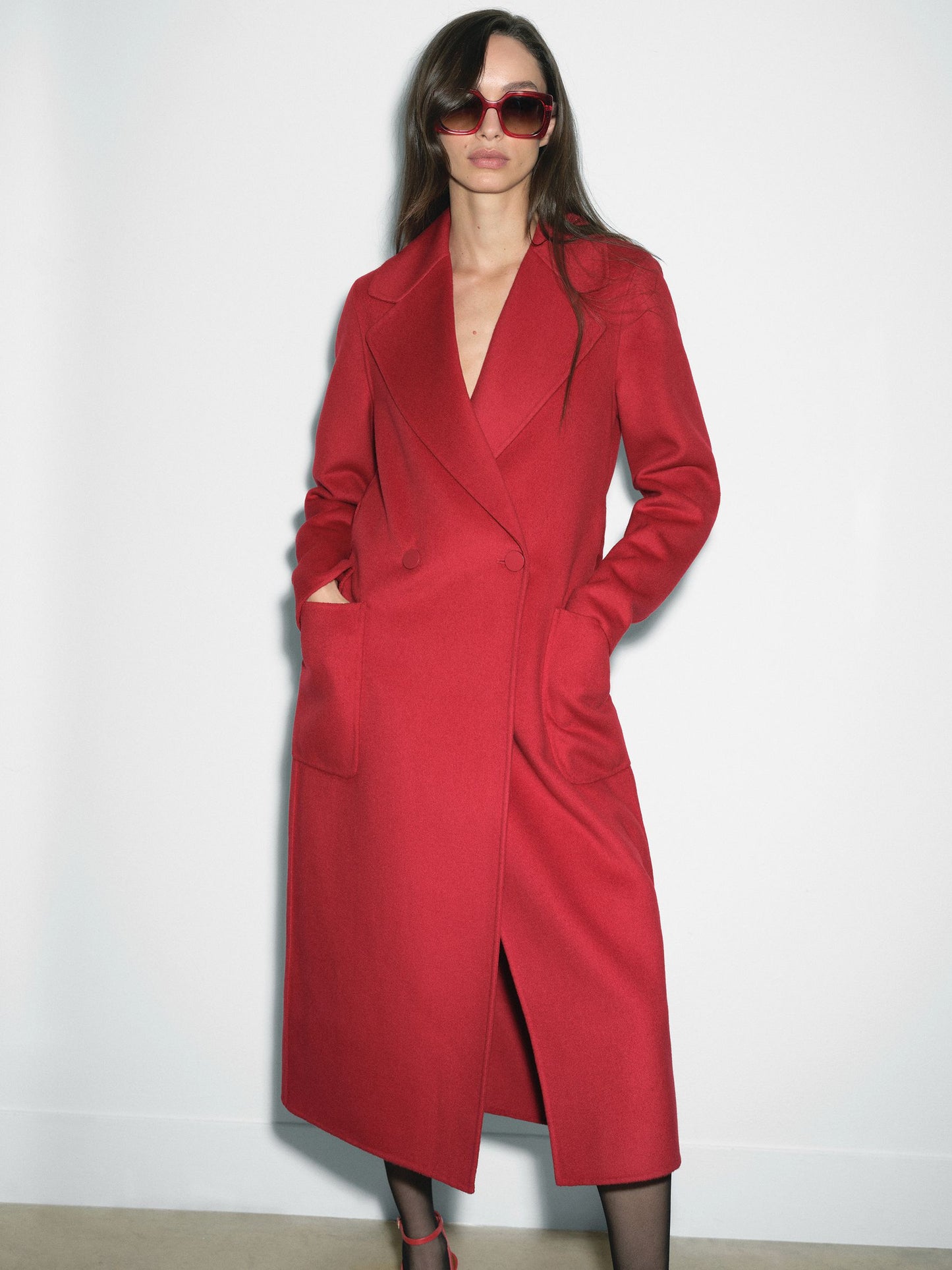 Double-Breasted Blindseam Coat Wool-Blend in Red