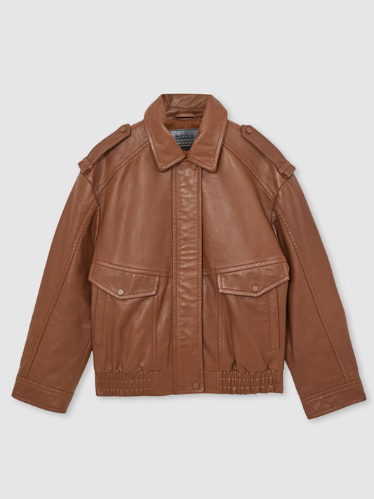 Oversized Leather Jacket in Tan