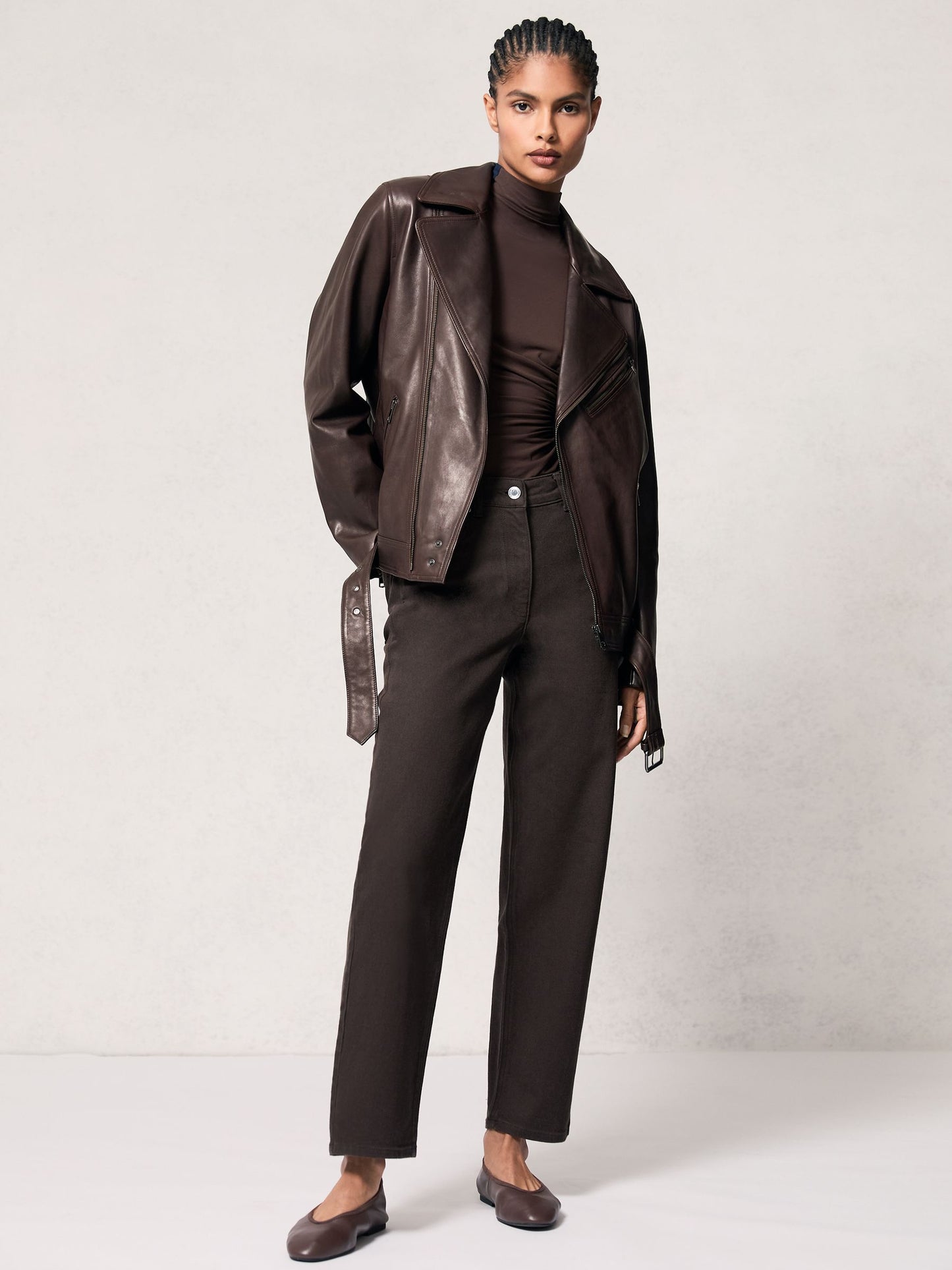 Leather Biker Jacket in Chocolate Brown