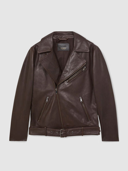 Leather Biker Jacket in Chocolate Brown
