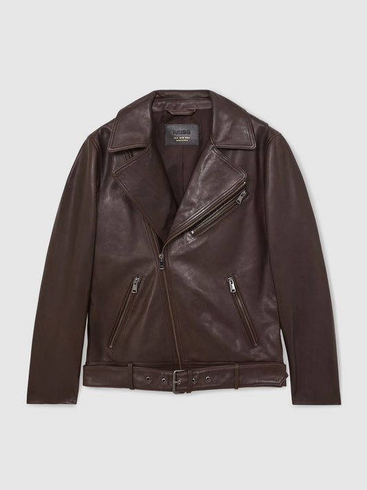 Leather Biker Jacket in Chocolate Brown