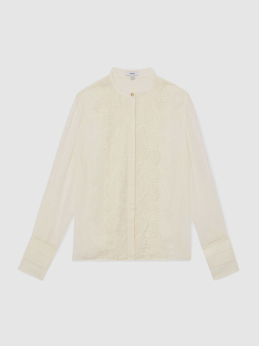 Lace-Trim Sheer Button-Through Blouse in Cream