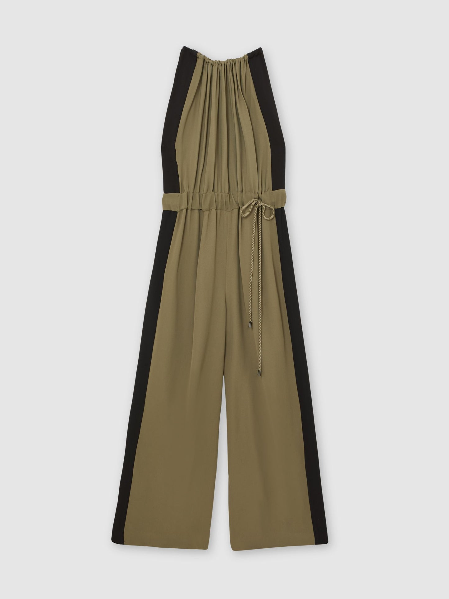 Colourblock Gathered Wide-Leg Jumpsuit in Khaki Green/Black