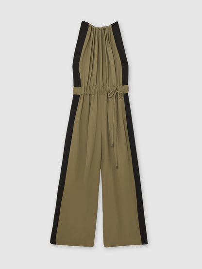 Colourblock Gathered Wide-Leg Jumpsuit in Khaki Green/Black