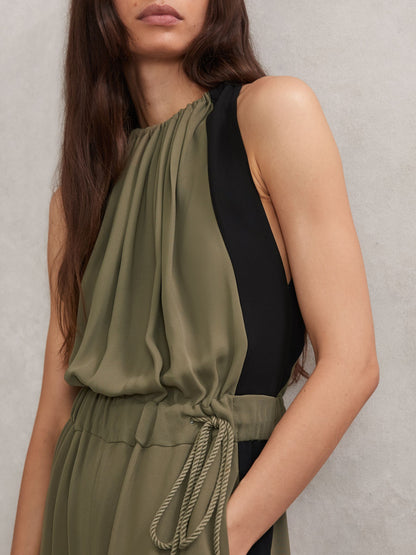 Colourblock Gathered Wide-Leg Jumpsuit in Khaki Green/Black