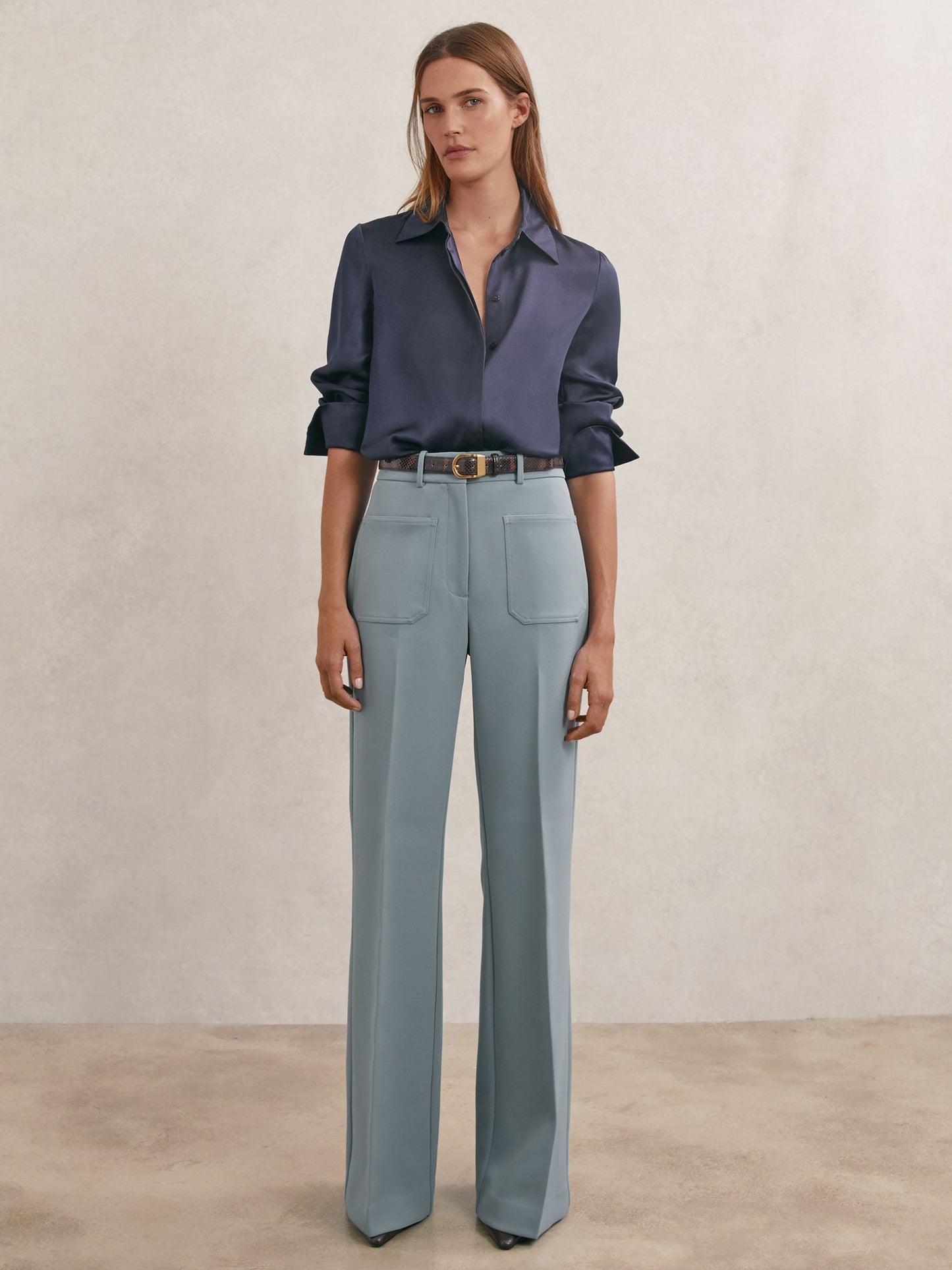 Twill Patch-Pocket Flared Trousers in Blue