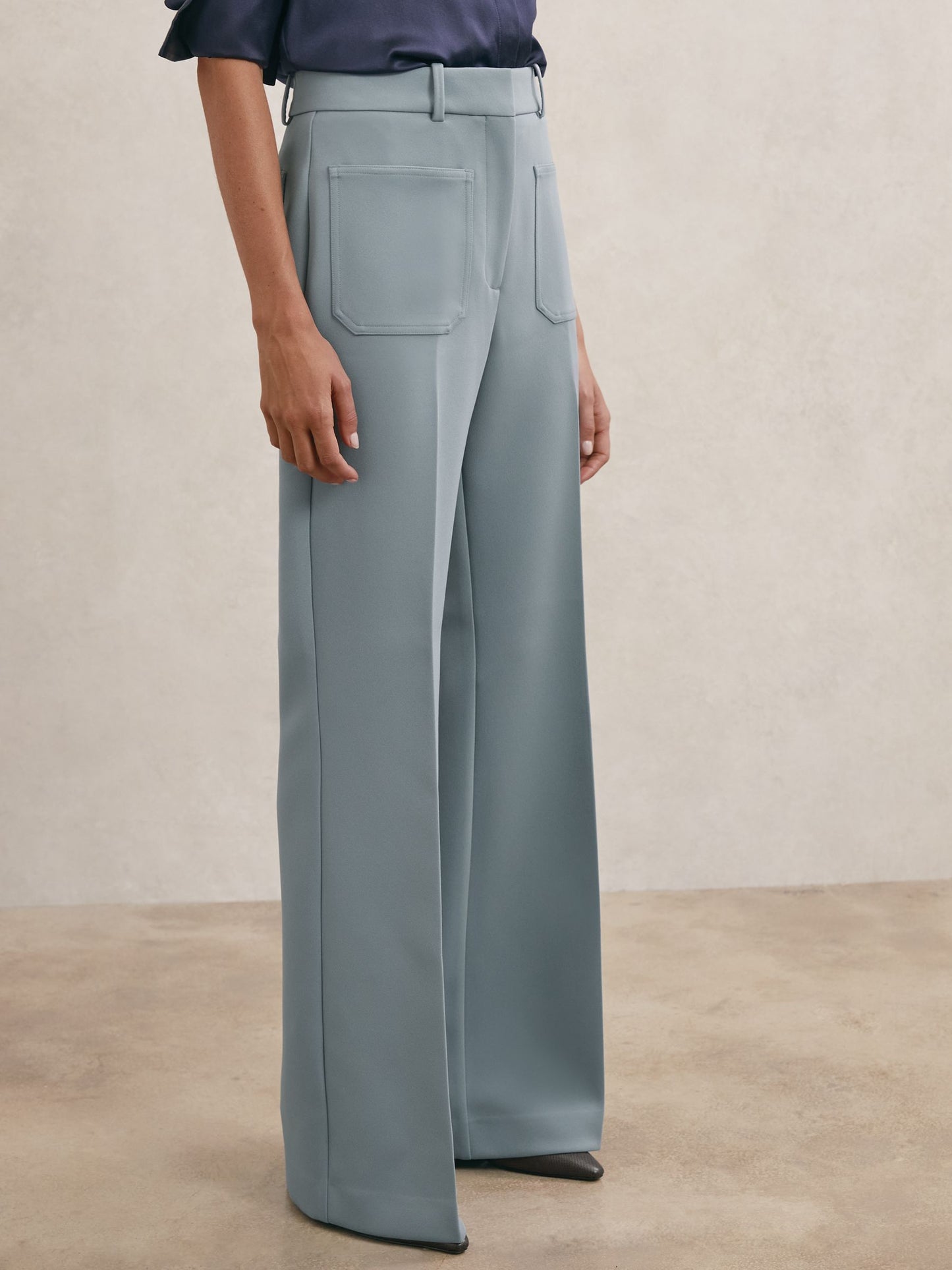Twill Patch-Pocket Flared Trousers in Blue