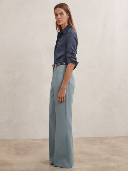 Twill Patch-Pocket Flared Trousers in Blue