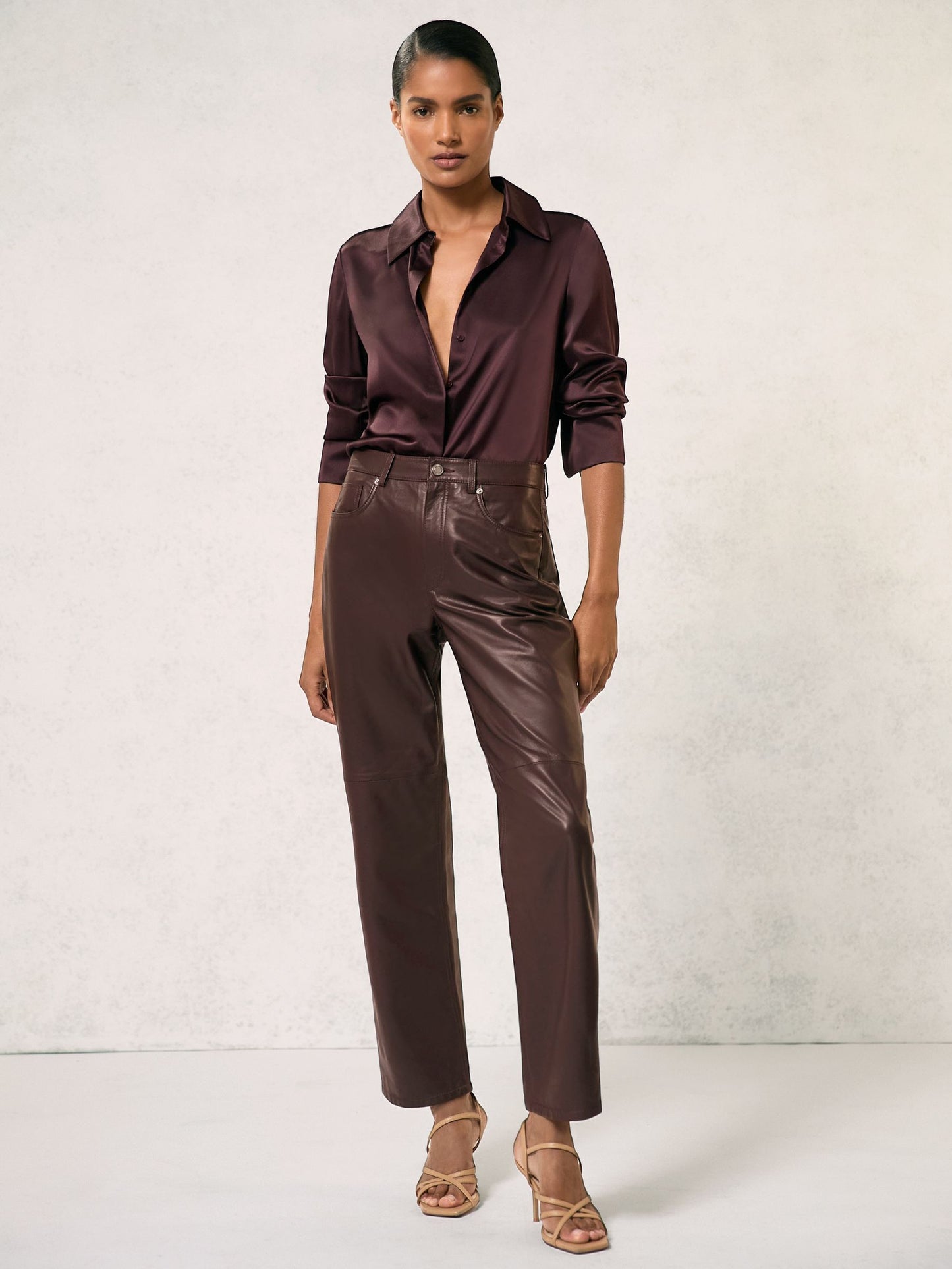 Reiss Leather Slim-Leg Trousers in Oxblood Burgundy