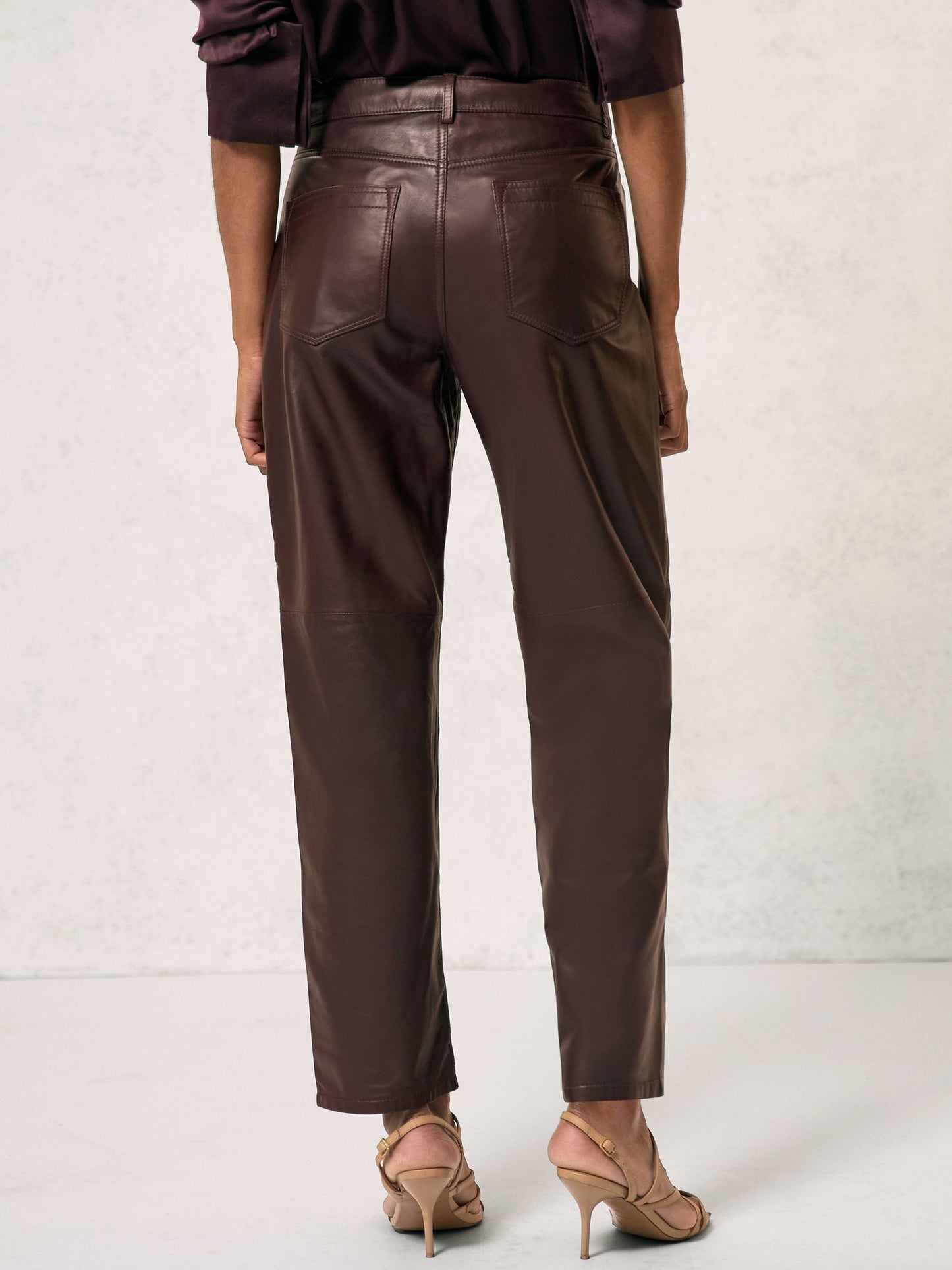 Reiss Leather Slim-Leg Trousers in Oxblood Burgundy