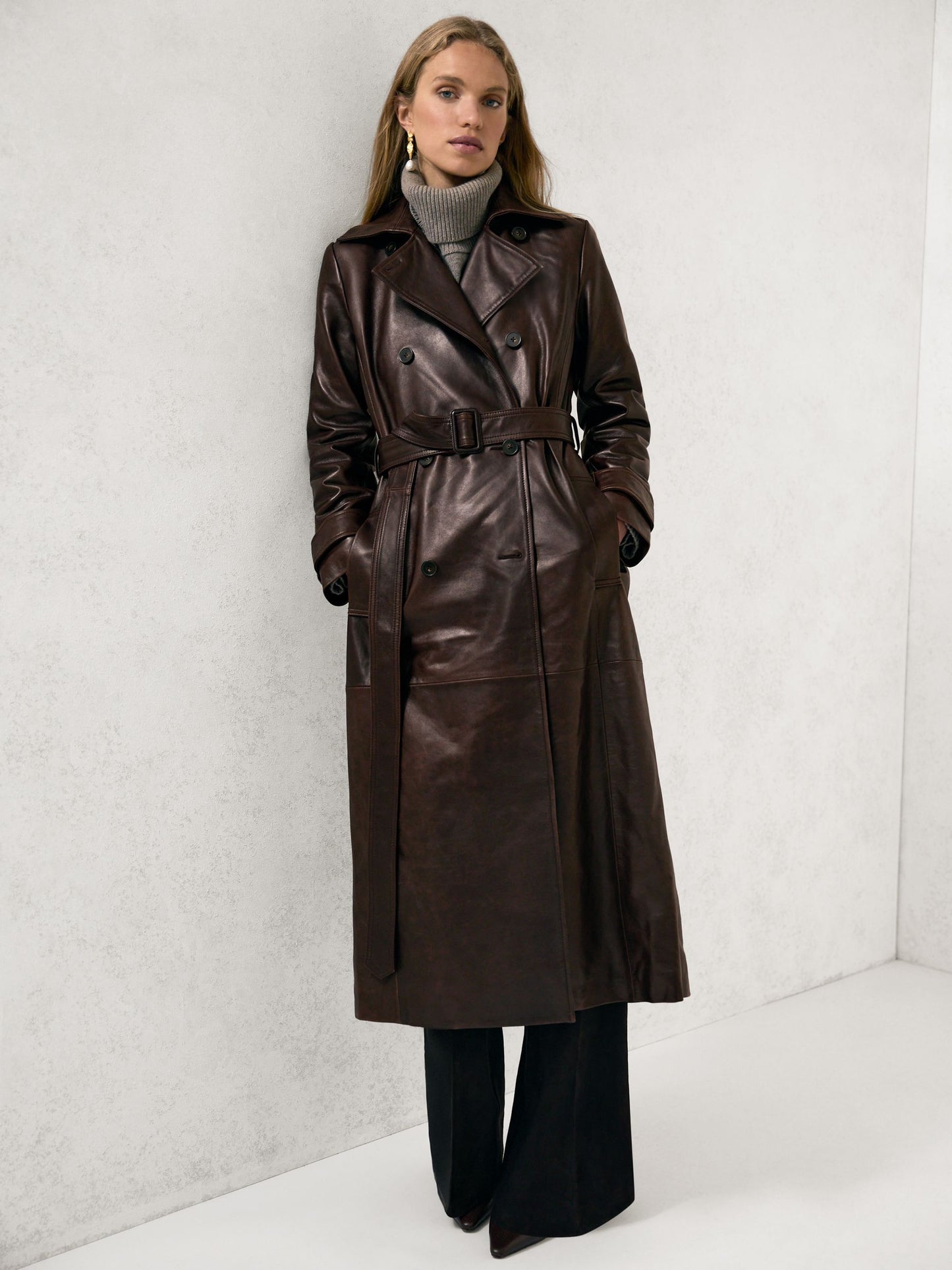 Leather Double-Breasted Trench Coat in Chocolate