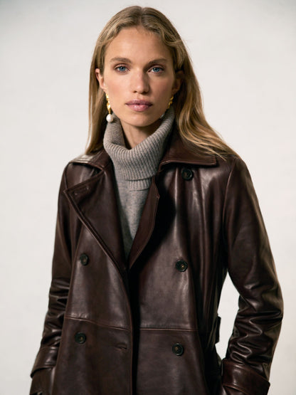 Leather Double-Breasted Trench Coat in Chocolate