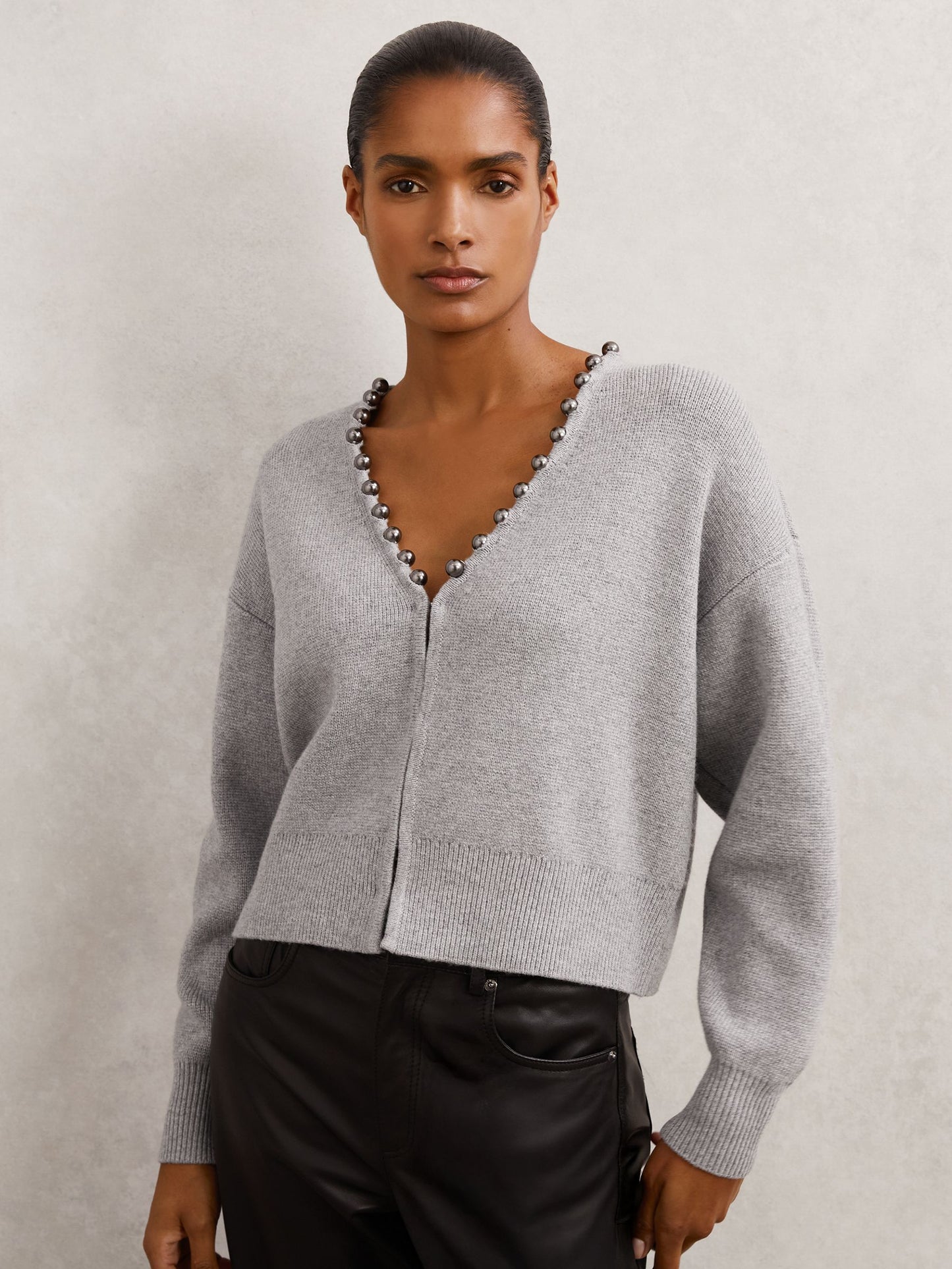 Wool-Blend Beaded-Trim Cardigan With Cashmere in Grey