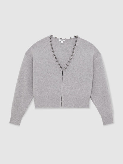 Wool-Blend Beaded-Trim Cardigan With Cashmere in Grey