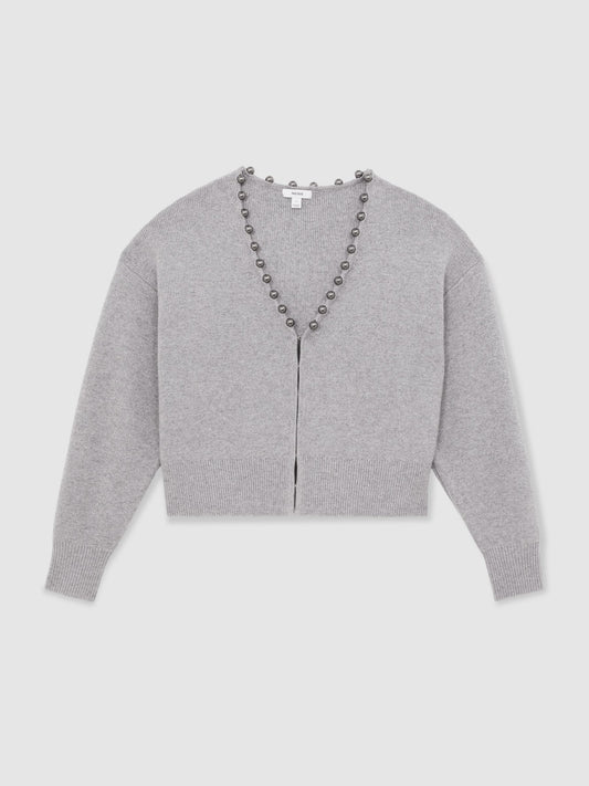 Wool-Blend Beaded-Trim Cardigan With Cashmere in Grey