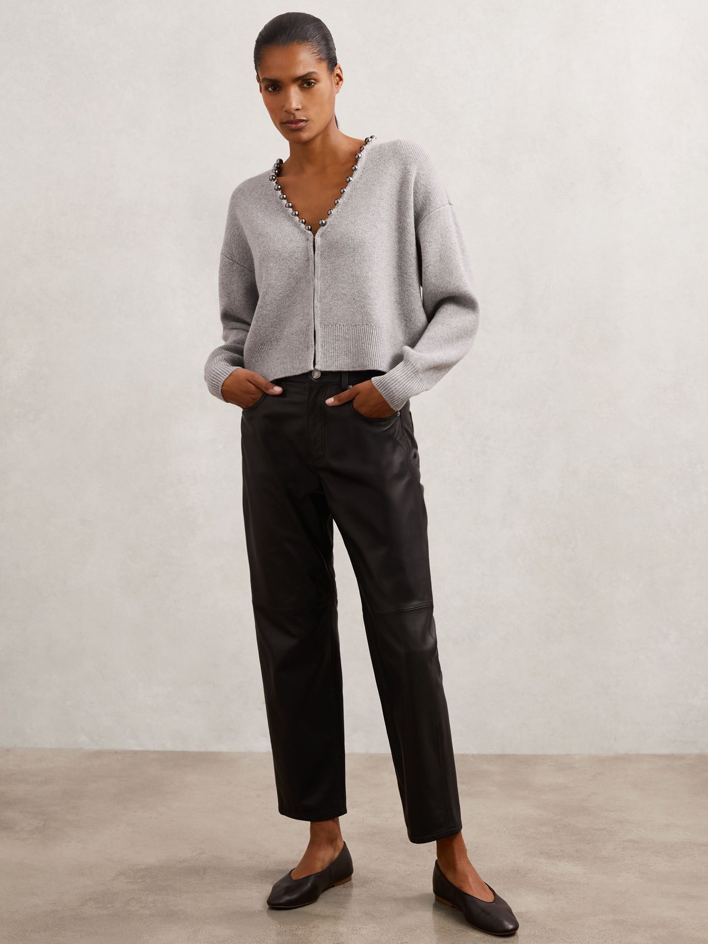 Wool-Blend Beaded-Trim Cardigan With Cashmere in Grey