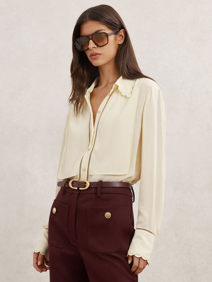 Scallop-Trim Ladder-Stitch Shirt in Cream