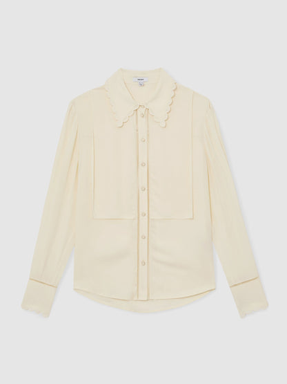 Scallop-Trim Ladder-Stitch Shirt in Cream