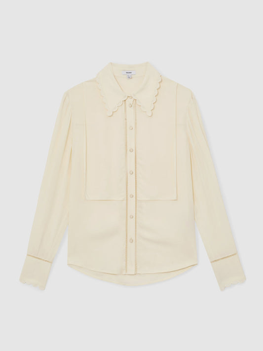Scallop-Trim Ladder-Stitch Shirt in Cream
