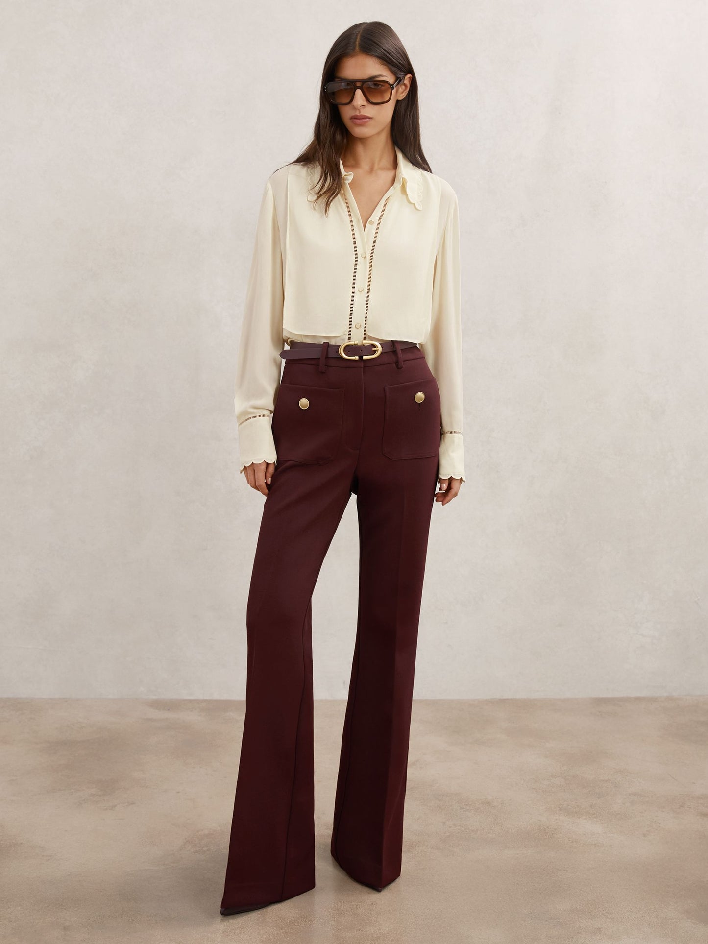 Scallop-Trim Ladder-Stitch Shirt in Cream