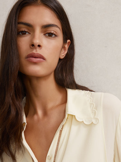 Scallop-Trim Ladder-Stitch Shirt in Cream